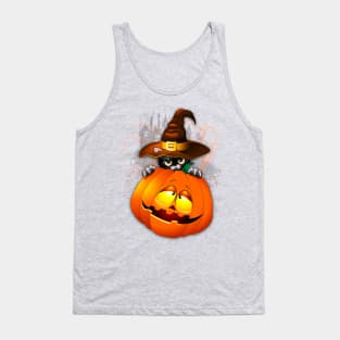 Halloween Kitty Cat with Witch Hat and a Halloween Pumpkin Tank Top